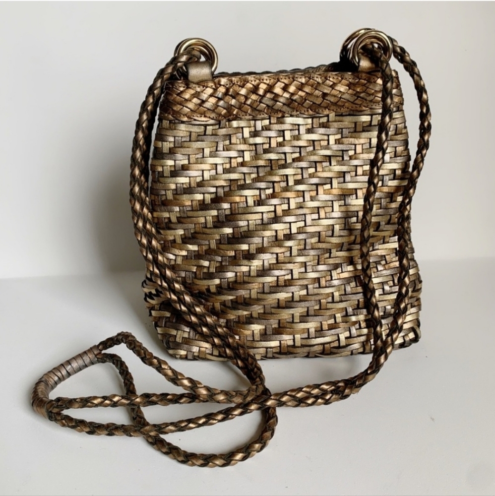 L.J.S Collection Vintage Woven Leather Crossbody Bag Purse Metallic